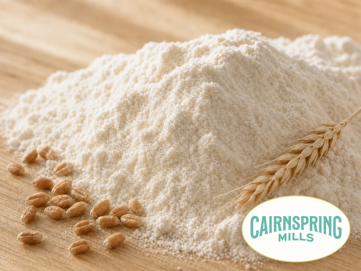 Stone-milled flour and wheat with the Cairnspring Mills logo