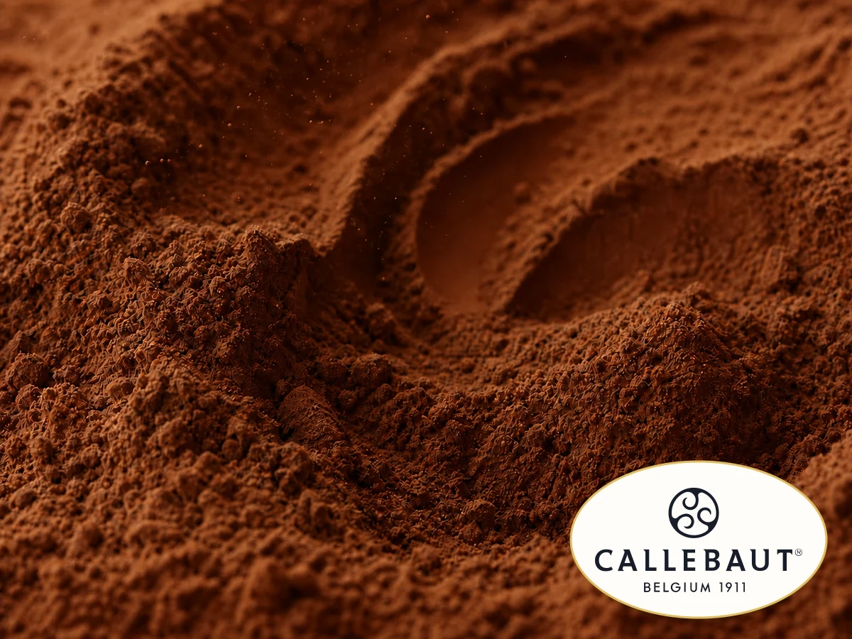 Deep reddish-brown cocoa powder with the Callebaut logo
