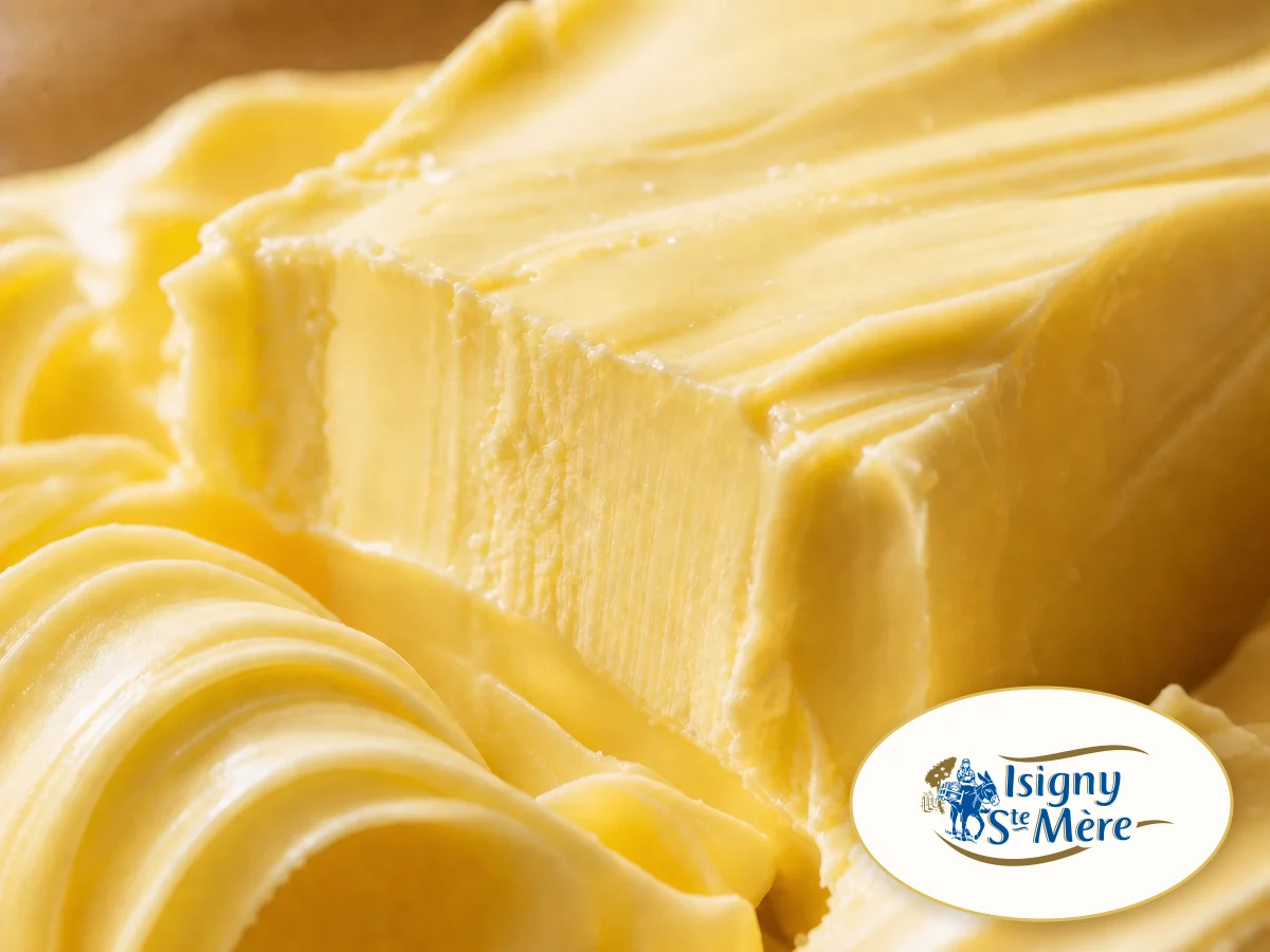 Golden butter with the Isigny Sainte-Mère AOP logo