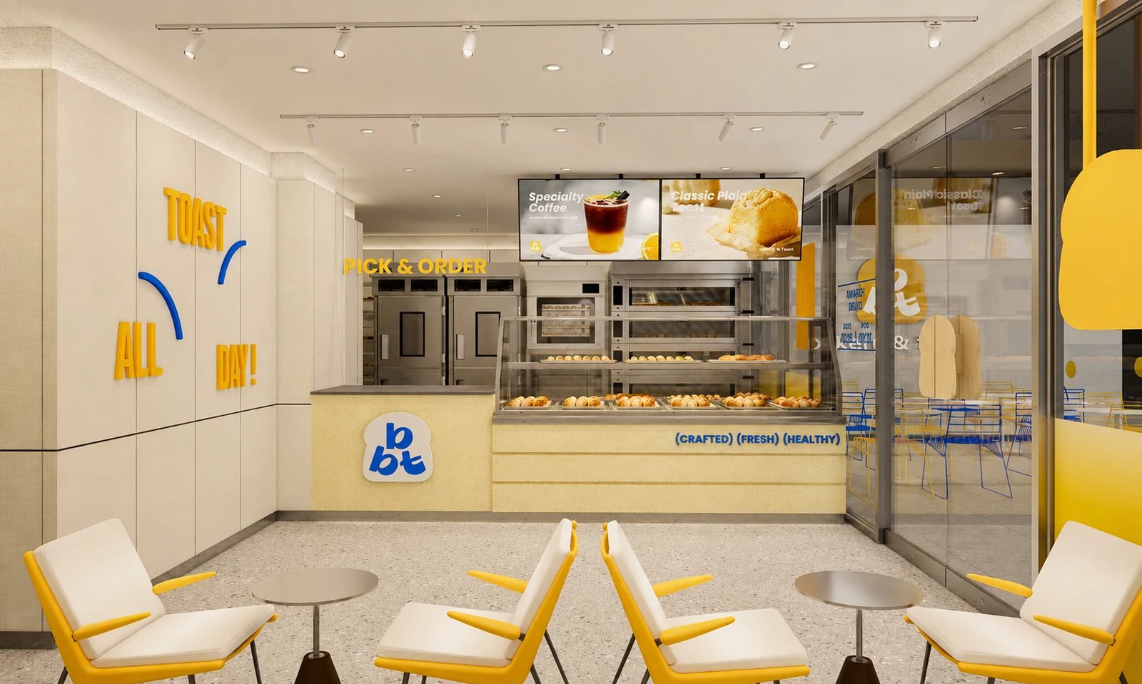 Design rendering of the Rowland Heights interior with the bakery counter, display case, and seating