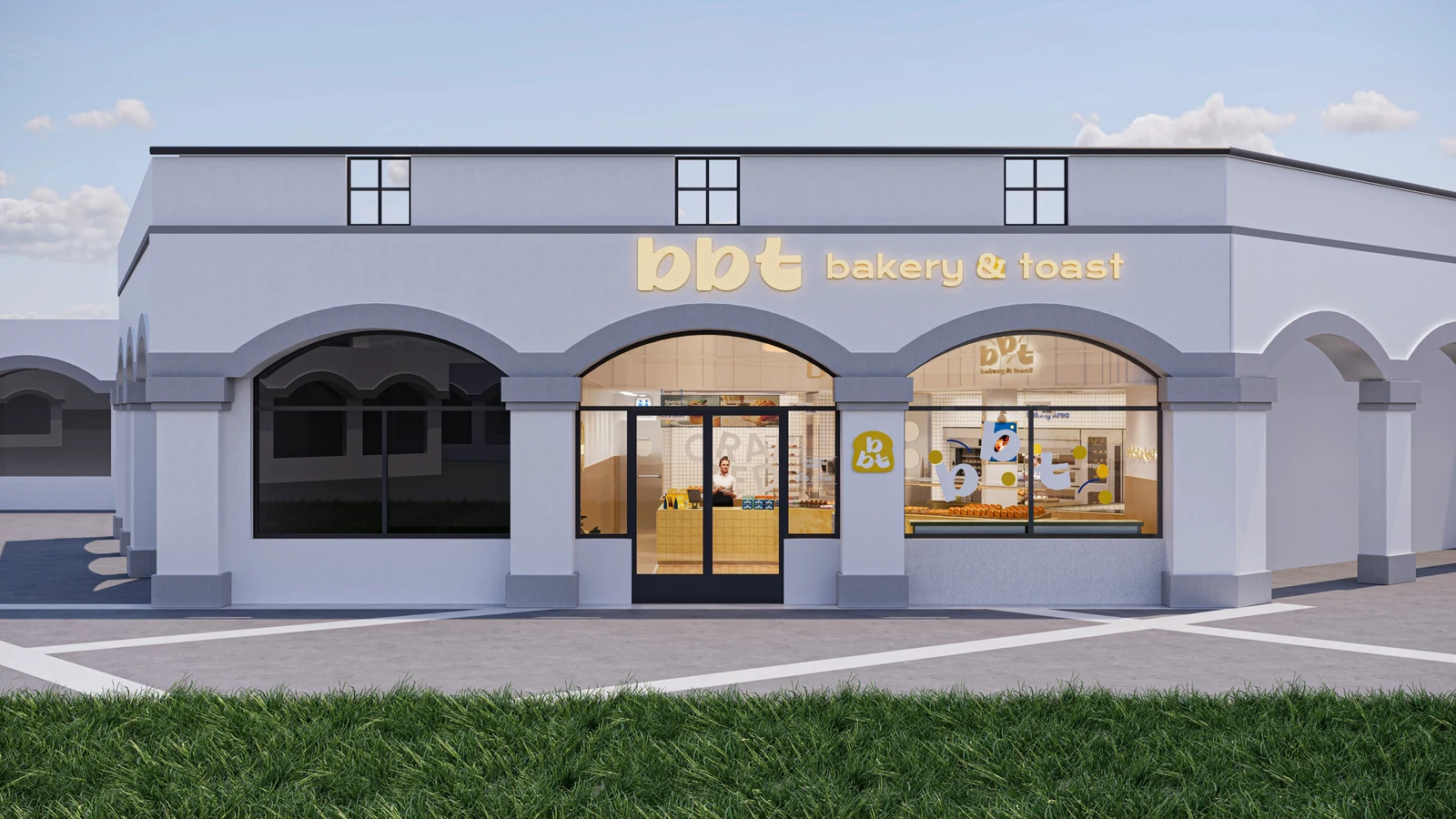 Design rendering of the San Gabriel storefront with BBT signage and arched windows