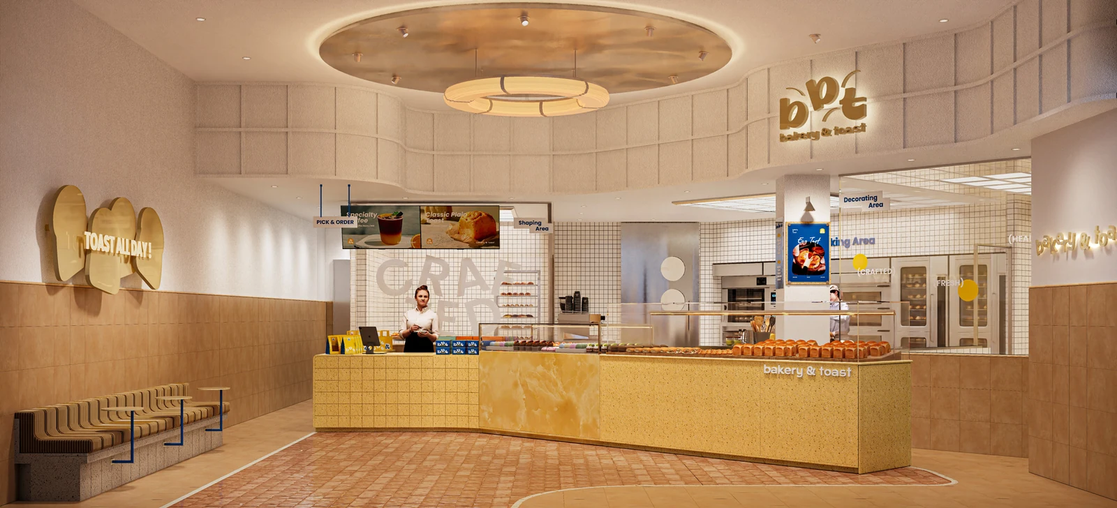 Design rendering of the San Gabriel interior with a bakery counter, open kitchen, and seating